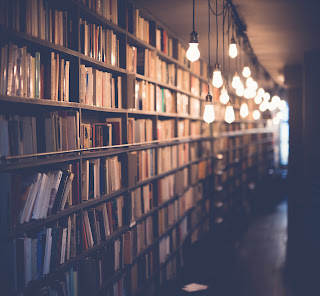 Book selves and light bulbs hanging