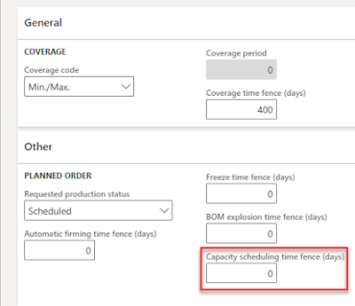 Capacity scheduling time fence (days) field on the Coverage group