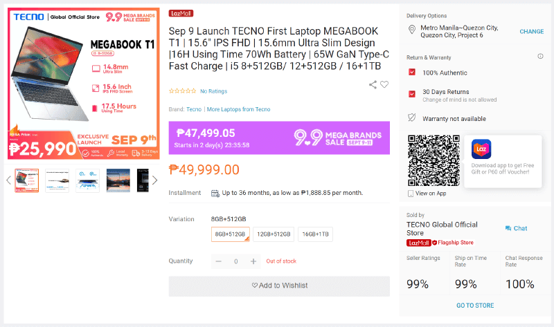 The Lazada listing of the said laptop