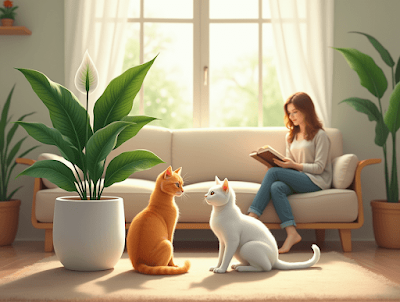 A cozy living room with a lush peace lily plant, two cats sitting near it, and a woman reading on the couch.