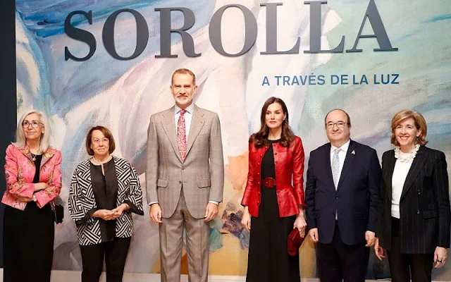 Queen Letizia wore a red leather peplum jacket by Carolina Herrera, and black wool cashmere dress by Carolina Herrera