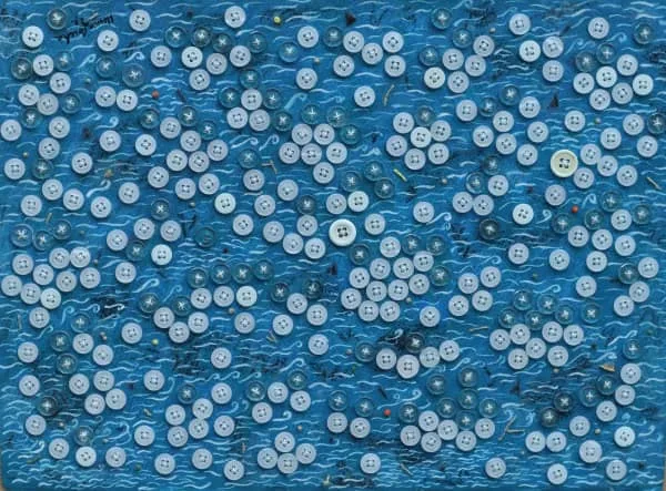 art piece of painted blue paper with stitched buttons depicting river.