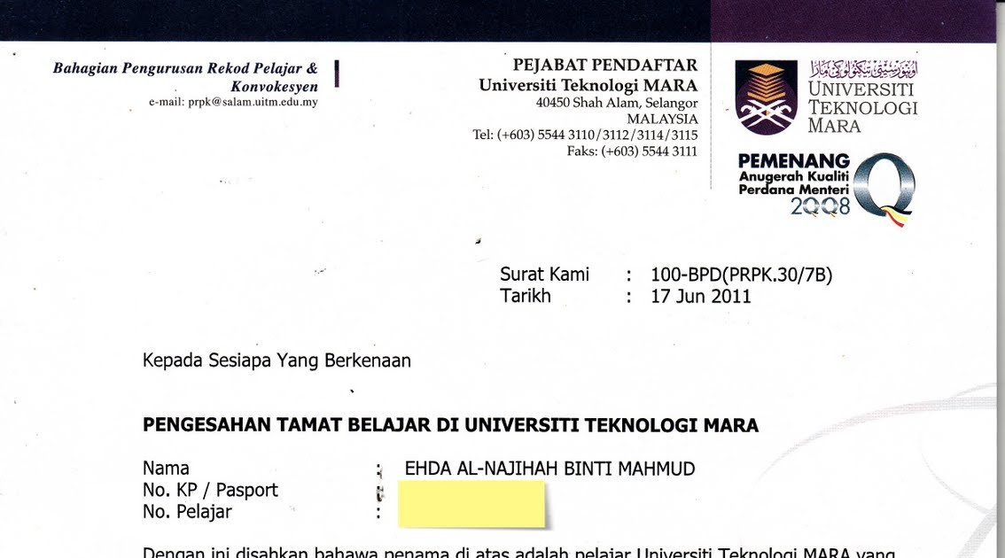 Surat Tamat Pengajian Uitm