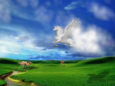 Hermoso paisaje con pegasos volando por los cielos