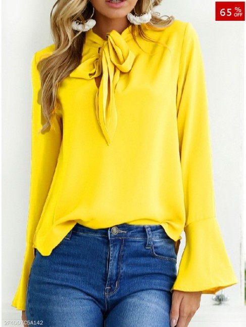 Autumn Spring Chiffon Women Tie Collar Bowknot Plain Bell Sleeve Long Sleeve Blouses - FashionMia Special Price: US$ 14.95