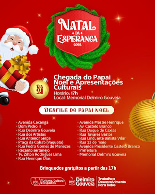 Chegada do Papai Noel e apresentações culturais agitam quarta-feira em Delmiro Gouveia