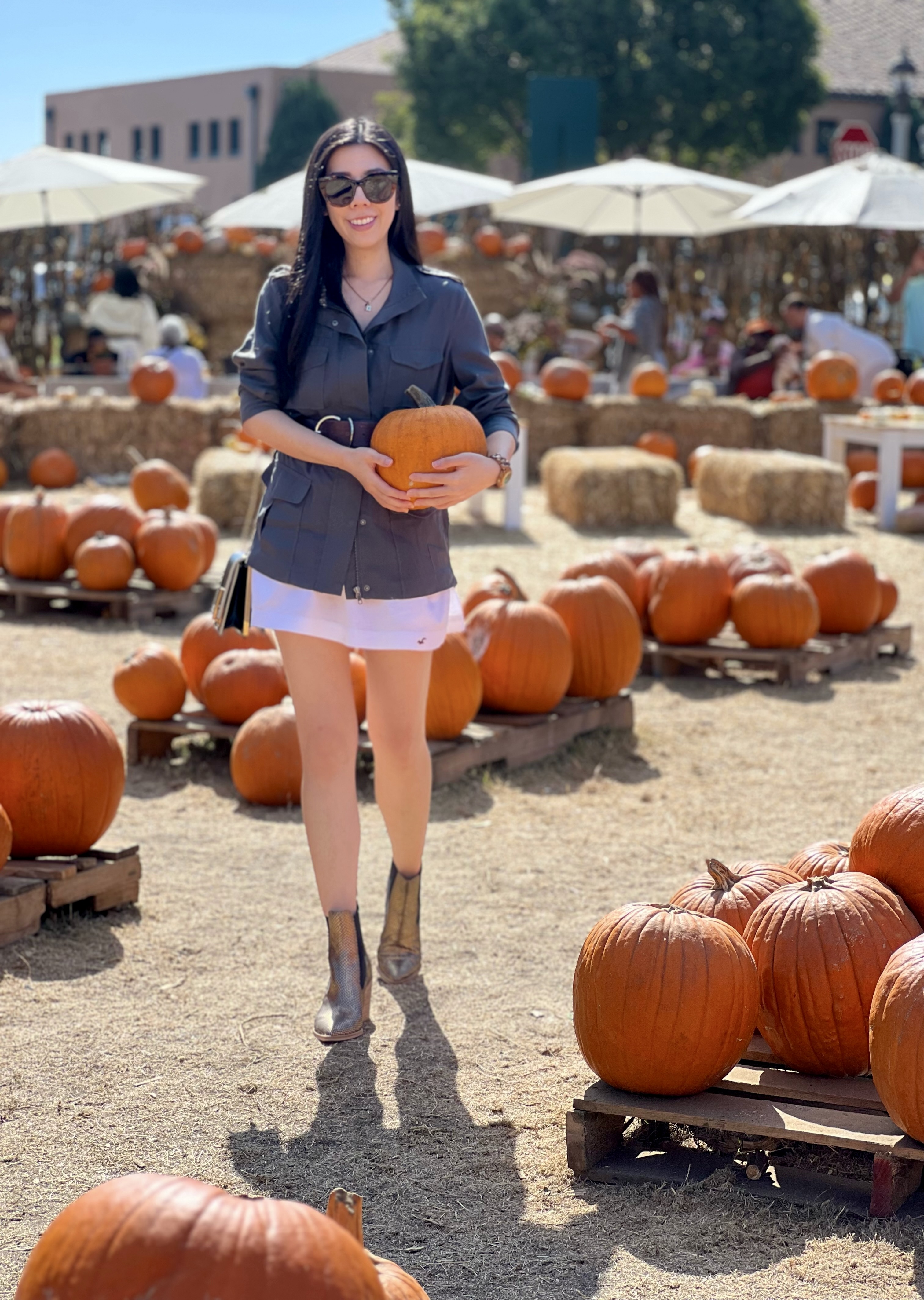 Pumpkin Patch_Adrienne Nguyen_San Diego Liberty Public Market_Belted Olive Utility Jacket with Linen Mini Skirt and Embossed Chelsea Boots_What to Wear to a Pumpkin Patch