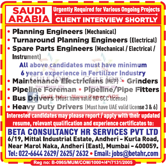 Various ongoing projects jobs for Saudi Arabia