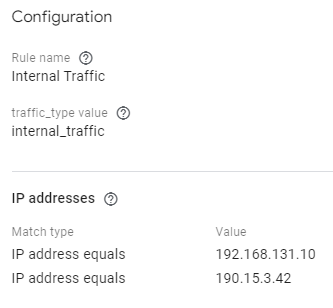 Screenshot of internal traffic configuration of IP addresses in Google Analytics 4