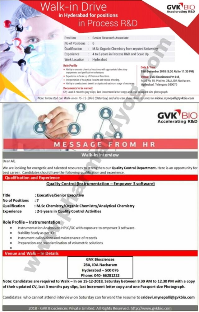 GVK bio | Walk-In for QC and R&D | 15th December 2018 | Hyderabad