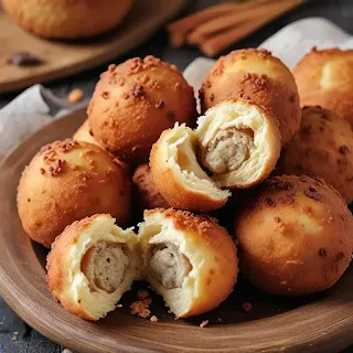 A plate of golden brown Bitterballen, crispy Dutch meatballs, served with a side of mustard for dipping.