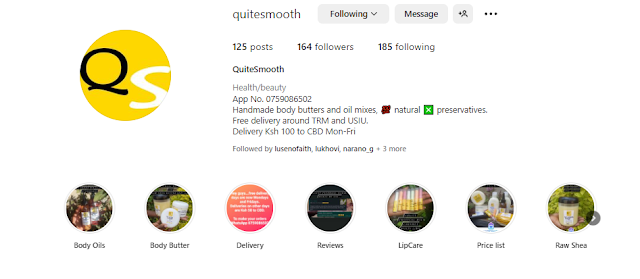 @quitesmooth body butter shea butter body cream page screenshot on Instagram IG.