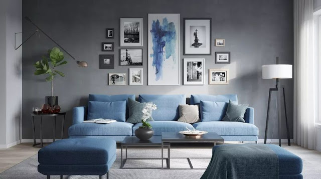 blue and gray living room combination