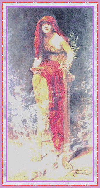 graphic art adapted from John Collier's painting Priestess of Delphi