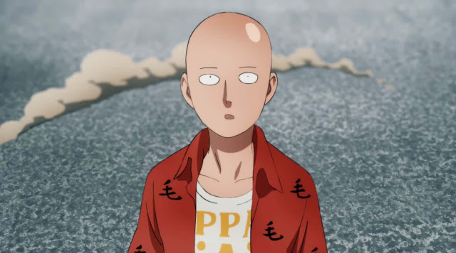 anime, anime guy, shounen, bald, calm, bored, white, staring, wearing orange polo 