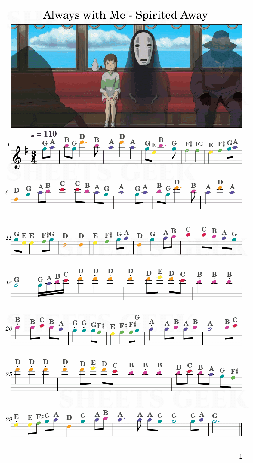 Always with Me - Spirited Away Easy Sheet Music Free for piano, keyboard, flute, violin, sax, cello page 1