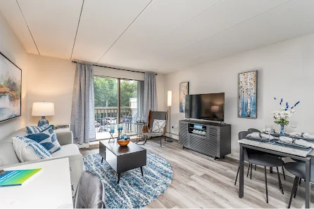 Open living space in model apartment at Faxon Commons