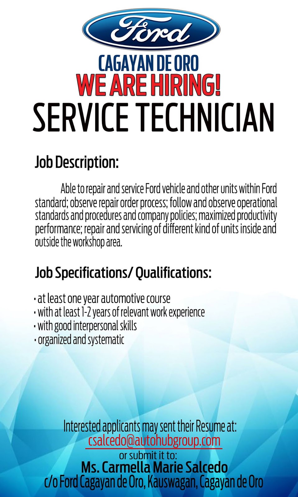 JOB HIRING: Service Technician for Ford Cagayan de Oro ...