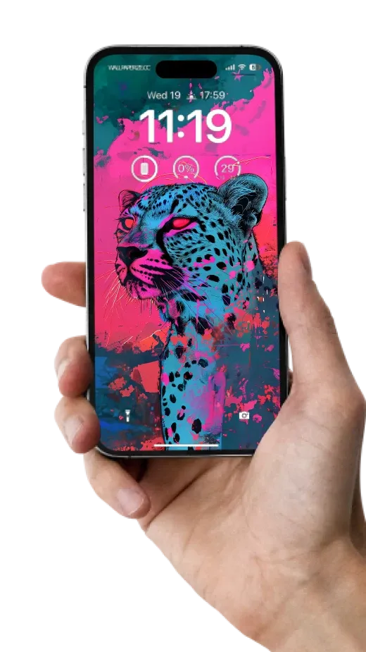 Artistic iPhone wallpaper featuring a leopard in vibrant neon pink and blue hues, symbolizing wild beauty and power.