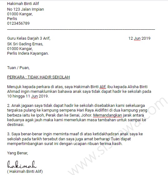 Contoh Surat Rasmi Tidak Hadir Ke Sekolah Atas Urusan 