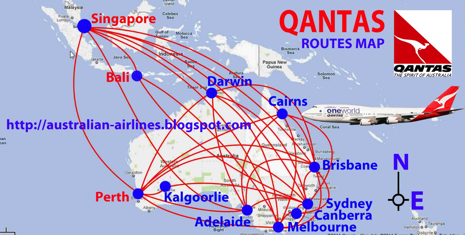 civil aviation: Qantas routes map