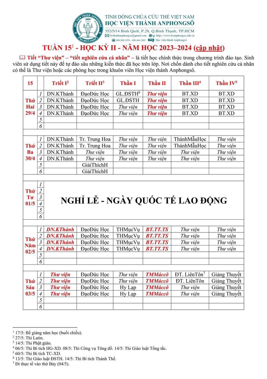 Thời khoá biểu tuần 15 - HK II - 2023-2024