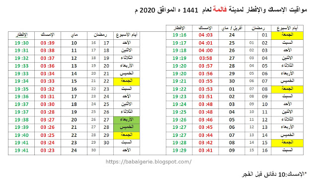 مواقيت الإمساك والإفطار رمضان  2020 ڨالمة 