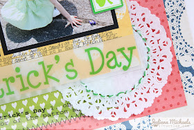 SRM Stickers Blog - Crazy for Doilies Layout by Juliana - #layout #St Pattick's #doily #twine #stickers