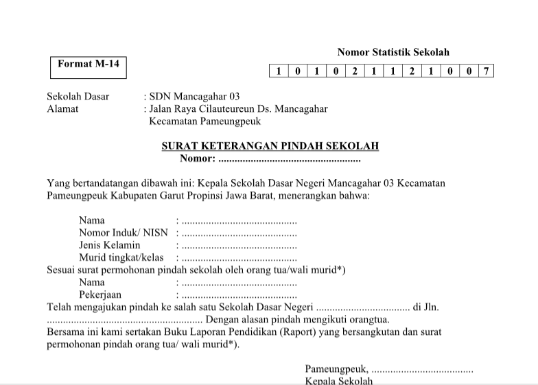 Contoh Surat Keterangan Siswa Pindah Sekolah Format Word 