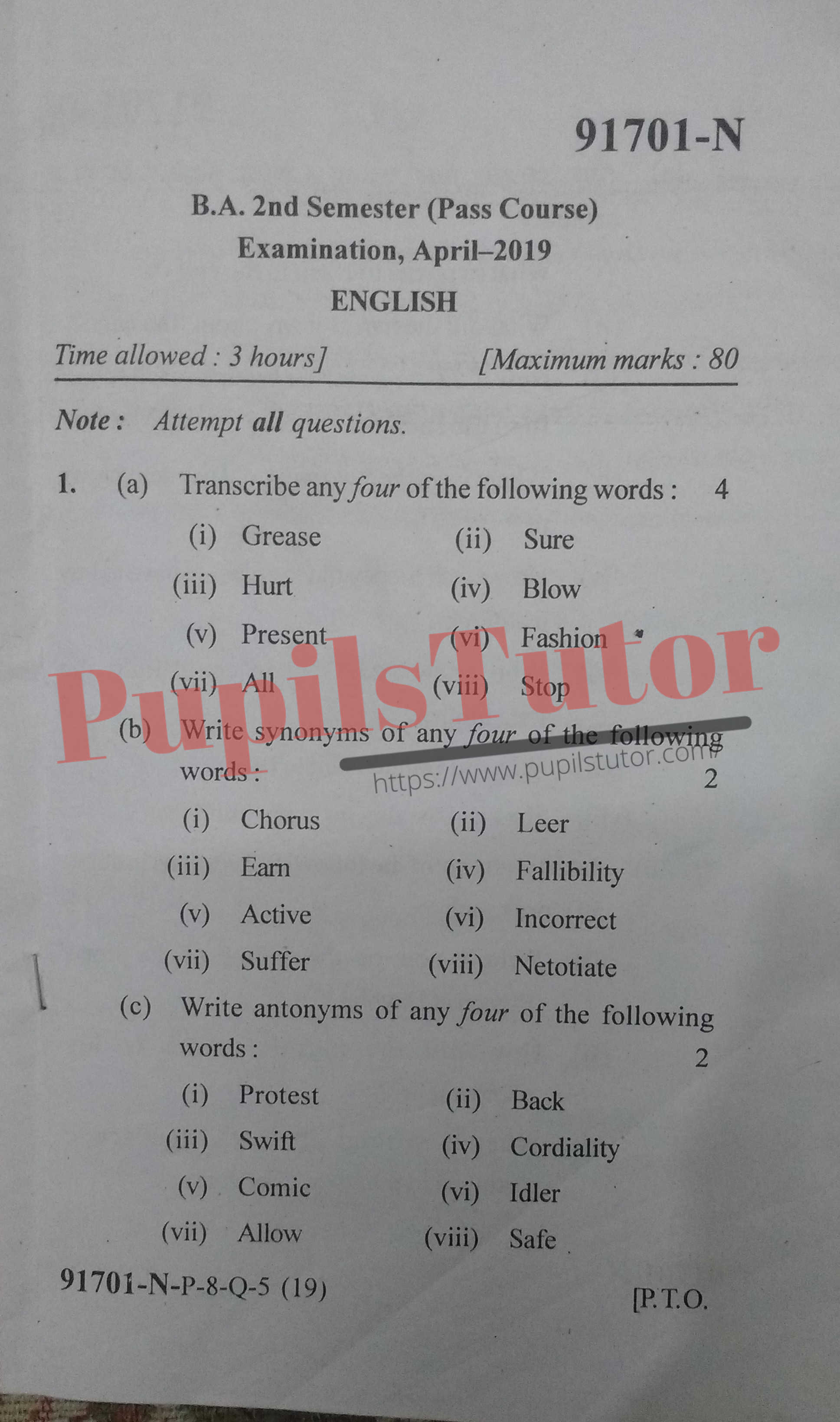 MDU (Maharshi Dayanand University, Rohtak Haryana) BA Pass Course Second Semester Previous Year English Question Paper For April, 2019 Exam (Question Paper Page 1) - pupilstutor.com