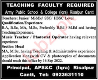 Latest Iqra Army Public School & College Teaching Posts Risalpur 2022