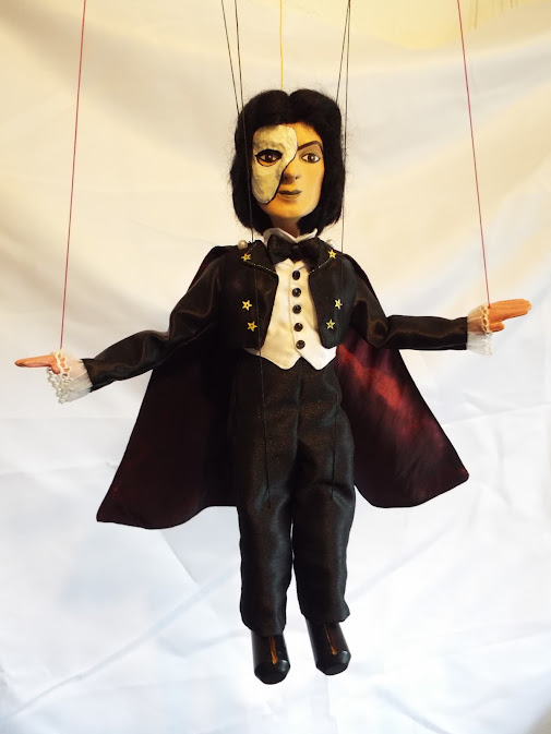 Pelham Puppet redressed as the Phantom of the Opera. Restyled marionette. Alexander Sanderson Designs