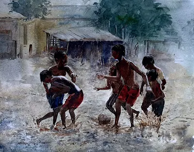 The first rain in the village painting Bikas Kundu
