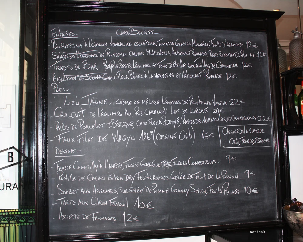 menu Beckett bar restaurant Paris