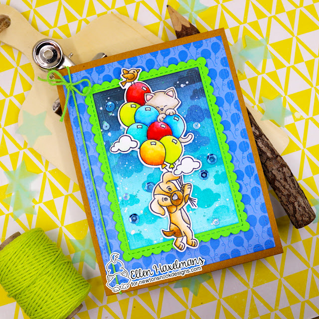 Dog and Cat Balloon Card by Ellen Haxelmans | Sky High Celebrations Stamp Set, Framework Die Set, Cloudy Sk Stencil and Birthday Party Paper Pad by Newton's Nook Designs #newtonsnook #handmade