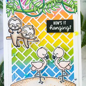Sunny Studio Stamps: Frilly Frame Die Fabulous Flamingos Tropical Scenes Silly Sloths Friendship Card by Ashley Ebben