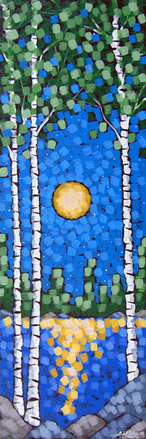 moonlit spring birches painting by artist aaron kloss, painting of birches moon spring lake night, pointillism, duluth painter, duluth artist