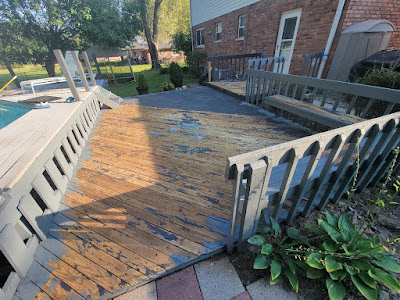 Picture of loveland ohio deck system with peeling deck paint and sun damage , being prepared for lockdown encapsulation with a ultra insanely tough deck resurface paint called Kong Armor