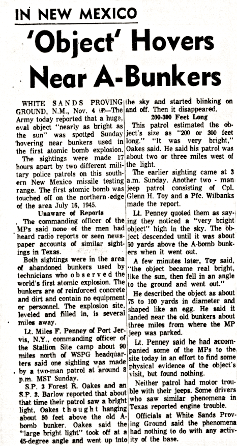 Article entitled, 'Object' Hovers Near A-Bunkers by The Abilene Reporter-News on 11-5-1957
