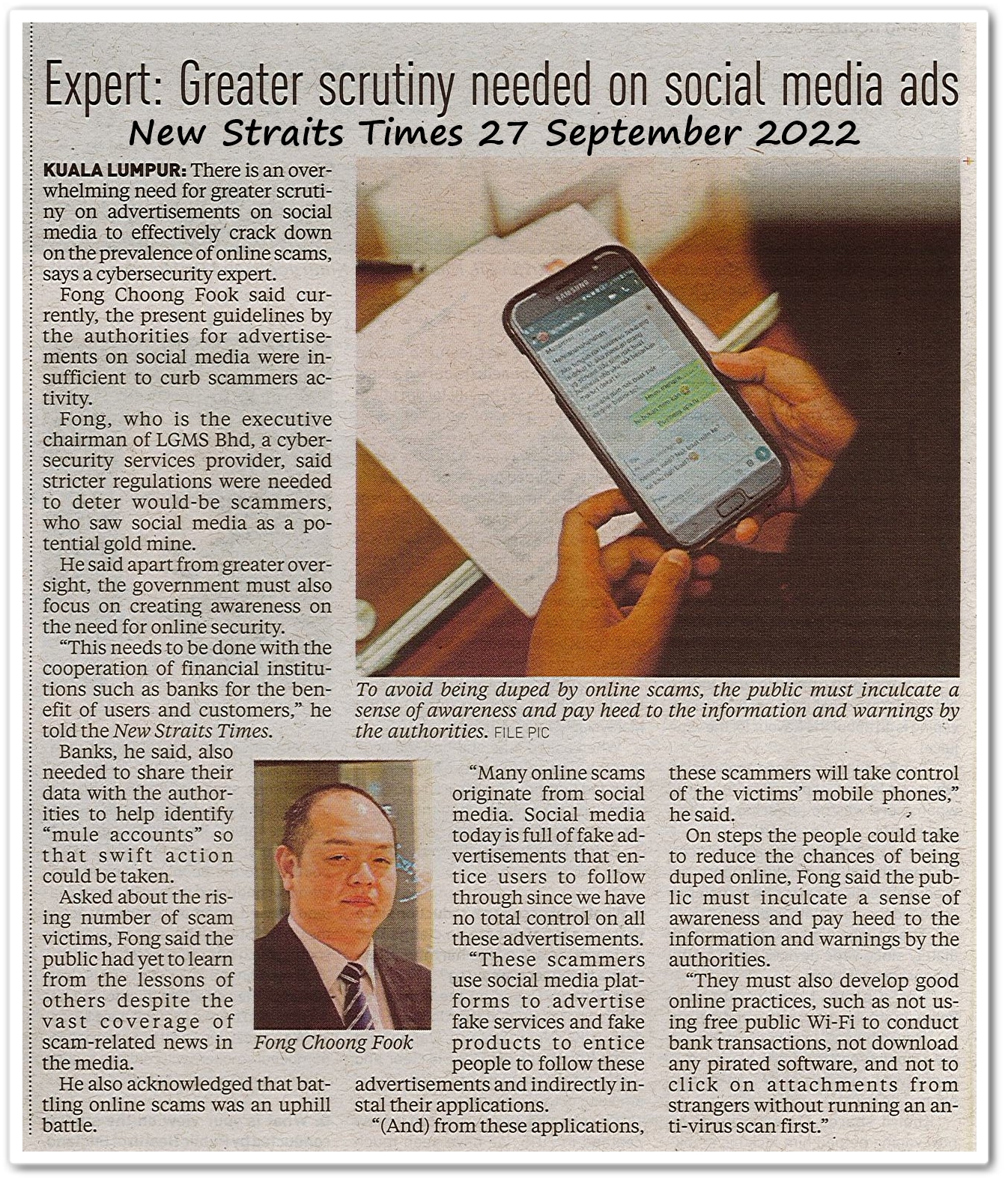 Improve security banks directed ; BNM Banks to beef up anti-scam measures ; RM2.03b lost to online scams since 2019 ; Expert Greater security needed on social media ads - Keratan akhbar New Straits Times 27 September 2022