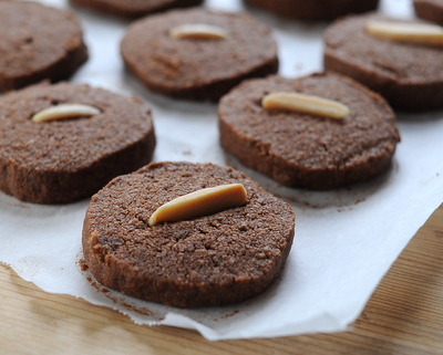 Chocolate-Almond Shortbread Cookies ♥ KitchenParade.com, crisp little chocolate shortbreads, easy to ship. Made with almond meal. Gluten Free, Low Sugar and Low Carb.