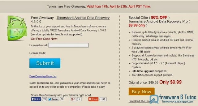 Offre promotionnelle : Tenorshare Android Data Recovery gratuit (jusqu'au 23 avril) !