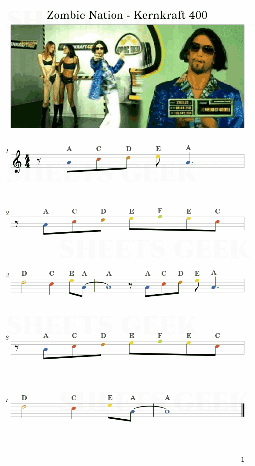 Zombie Nation - Kernkraft 400 Easy Sheet Music Free for piano, keyboard, flute, violin, sax, cello page 1