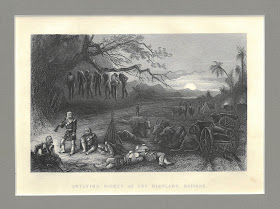 Scene depicting bodies hanging from a tree captioned "Outlying Picket of the Hihland Brigade"