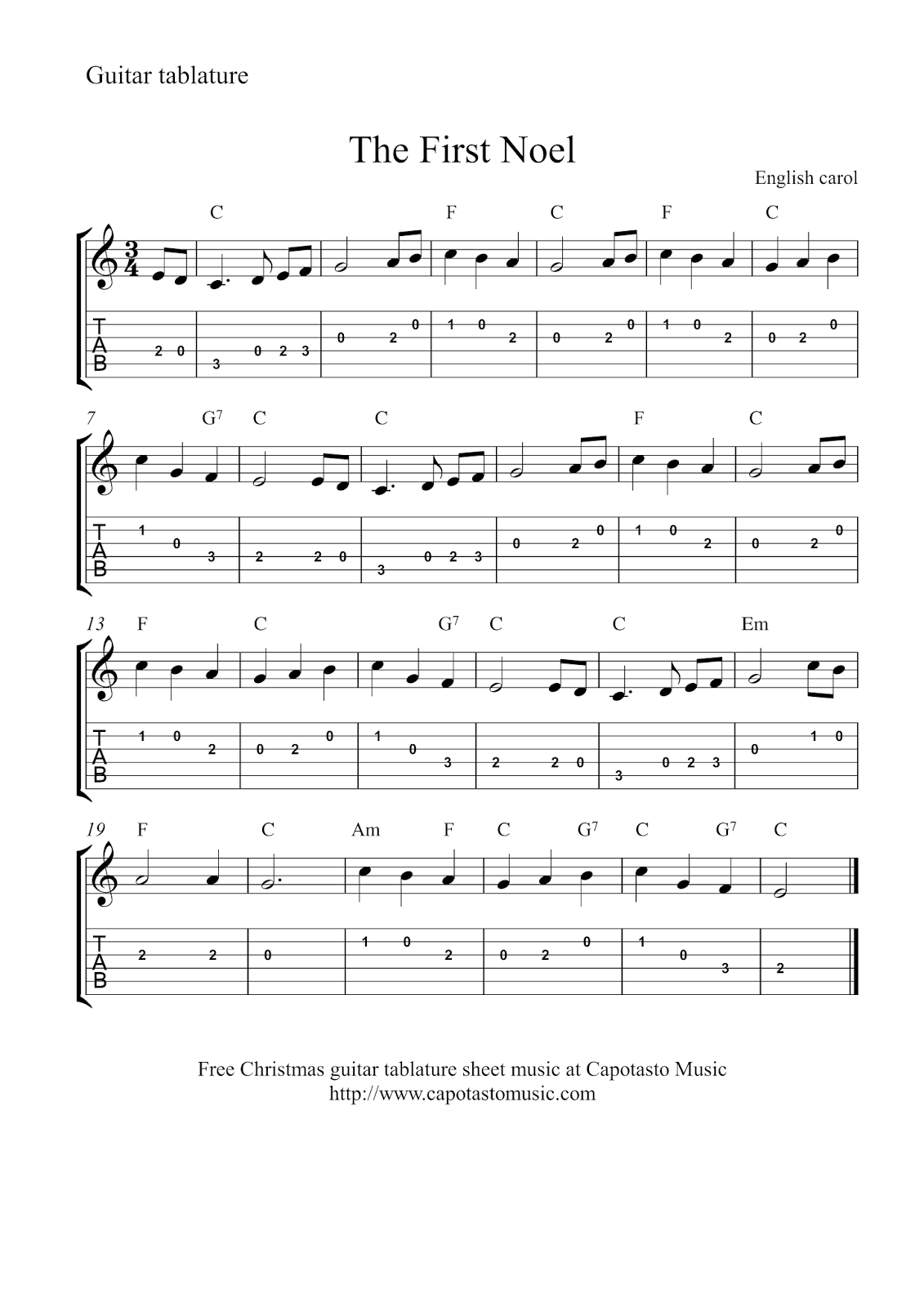 Free Christmas guitar tablature sheet music - The First Noel