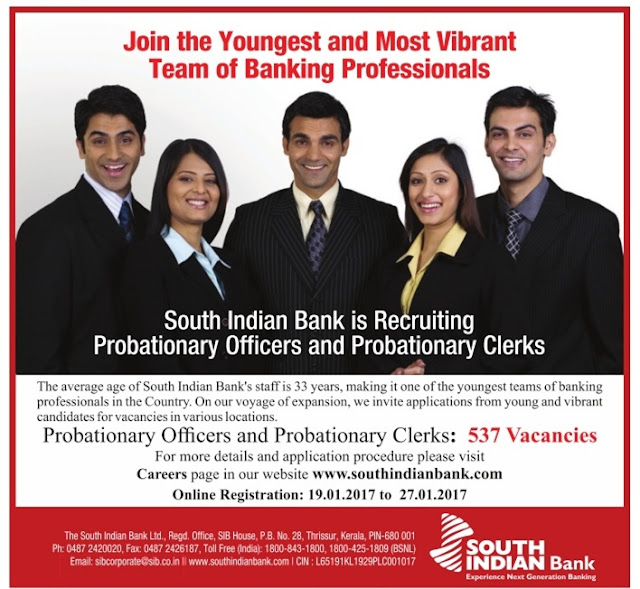 Naukri vacancy recruitment in South Indian Bank SIB