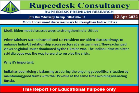 Modi, Biden meet discusses ways to strengthen India-US ties - Rupeedesk Reports - 12.04.2022