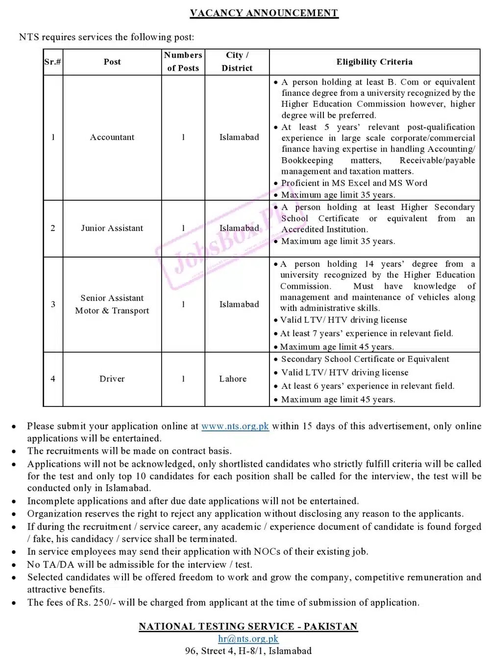 NTS National Testing Services of Pakistan  Jobs in 2023