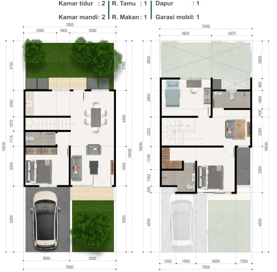 Denah rumah luas 98 m2 2 lantai 3 kamar tidur