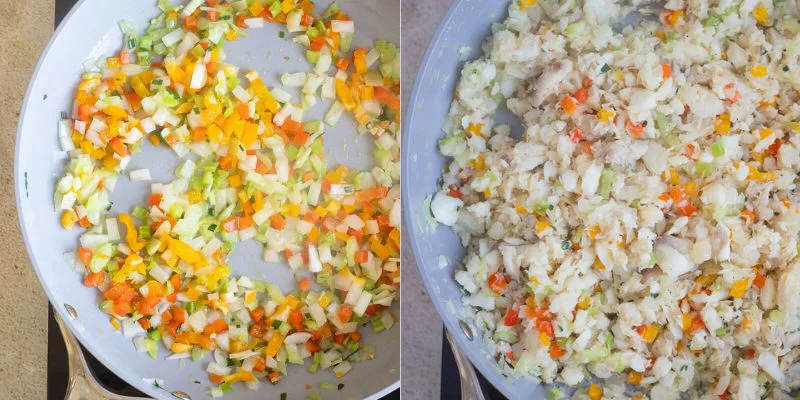 Aromatics being sauteed then shredded cod fish incorporated.
